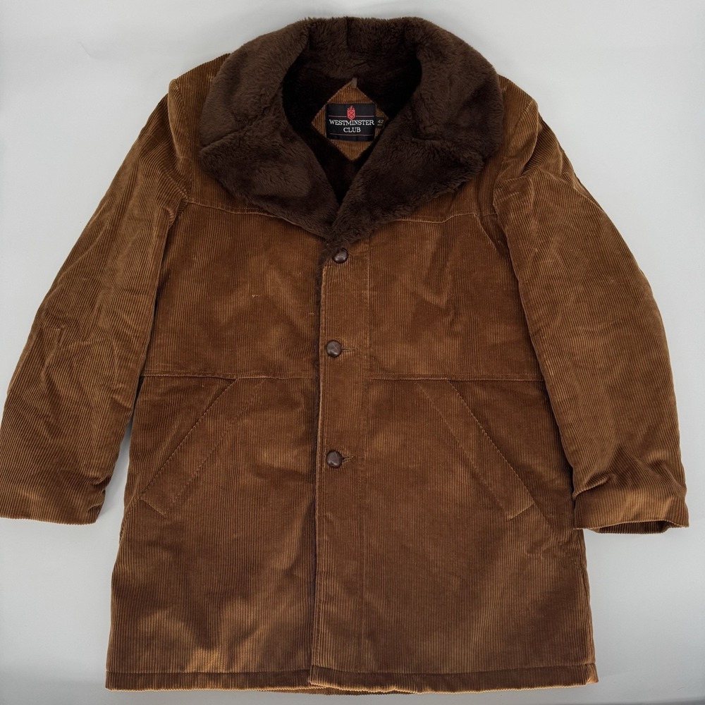 VTG 70s‎ Sears Westminster Club Corduroy Rancher Coat Faux Fur Lined Brown 42